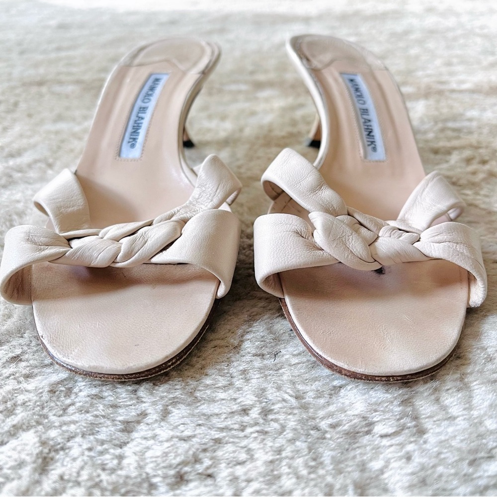 Manolo Blahnik Braided Leather Mule Slide Open Toe Kitten Heel Sandals Sz 37 1/2 - Picture 4 of 15